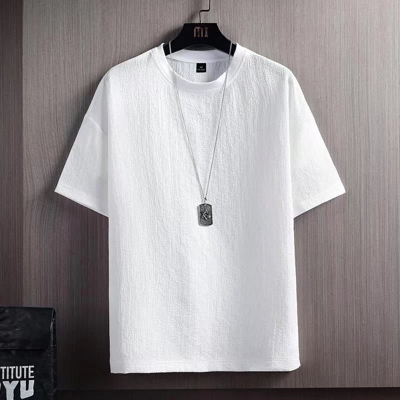 Ice Silk Short-Sleeved T-Shirt for Men, Summer Cotton-Linen Solid Color Loose Base Shirt, White Five-Quarter Sleeve, Cross-Border Exclusive