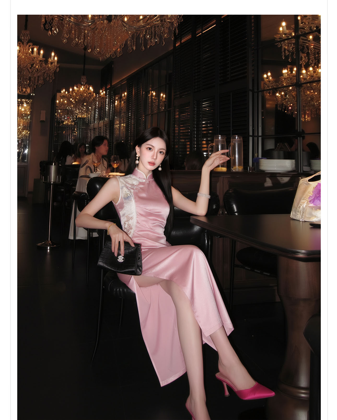 Đầm maxi nữ thắt eo cổ đứng thêu hoa phong cách Trung Hoa mùa hè — màu hồng chi tiết 4