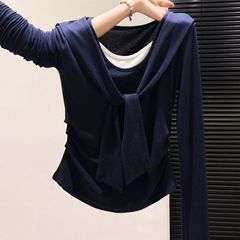 韩系假两件长袖T恤女早秋季新款披肩外搭叠穿打底内搭莫代尔上衣