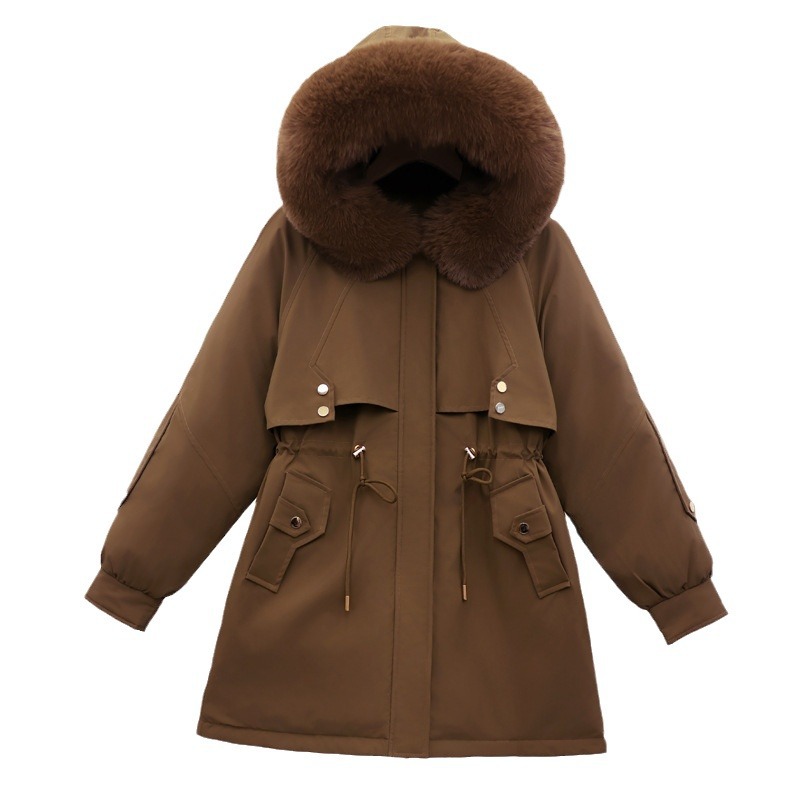 Cuello de cabello para superar la chaqueta de algodón de invierno femenino con lana y chaqueta de algodón gruesa, chaqueta de algodón media y larga