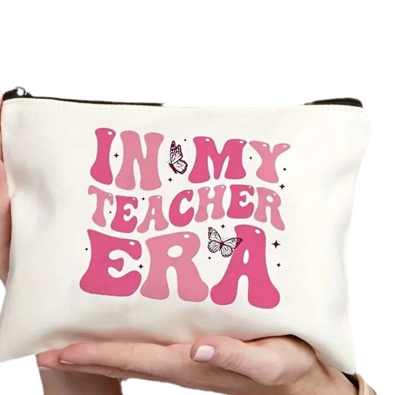 Bolsa de cosméticos Temu rosa con letras de lino, estampada por ambos lados, bolsa de almacenamiento multifuncional con cremallera para mujer, moderna y práctica.