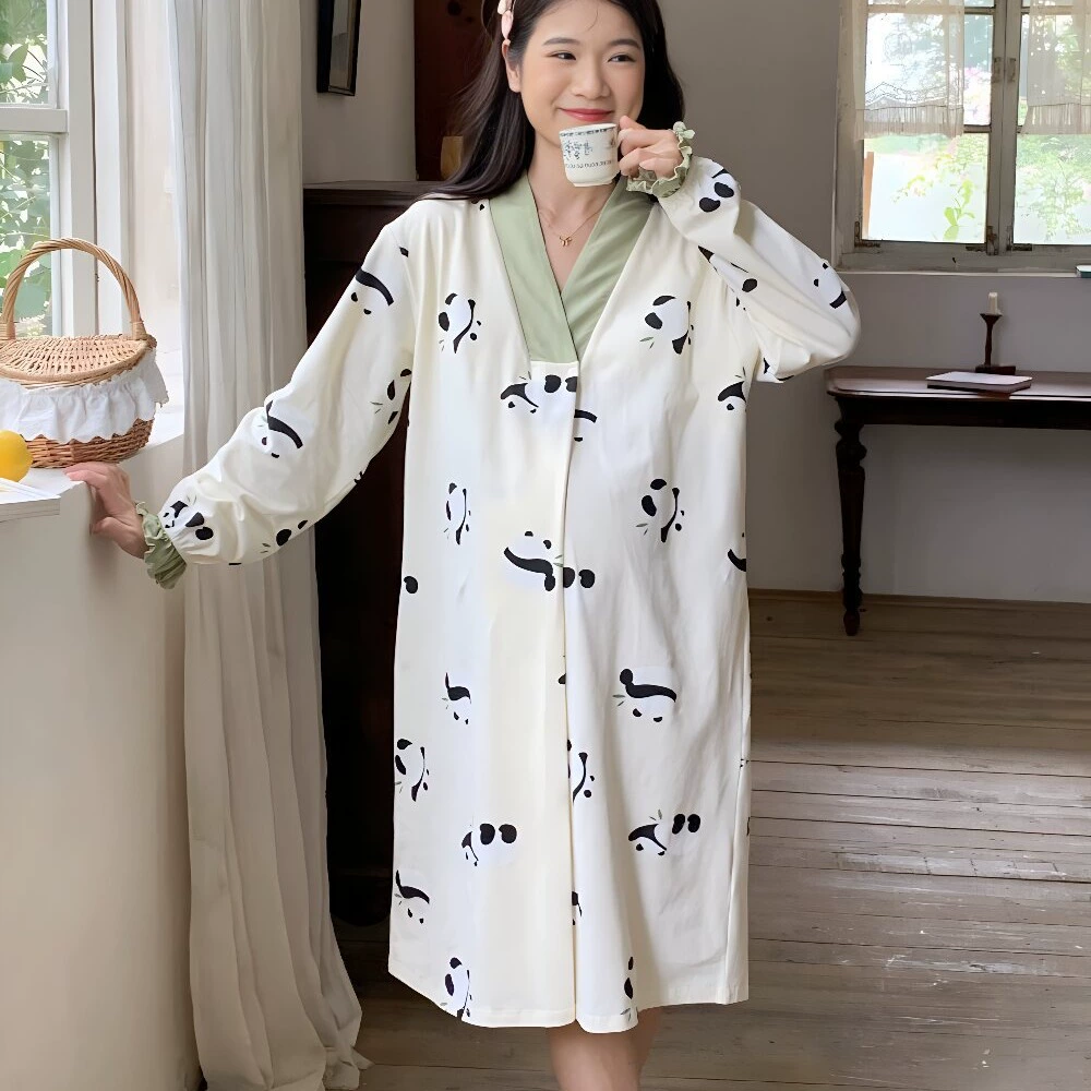 [88150] хлопок летом осень 2024 новый длинный рукав пижамы платье большой размер свободная одежда для беременных