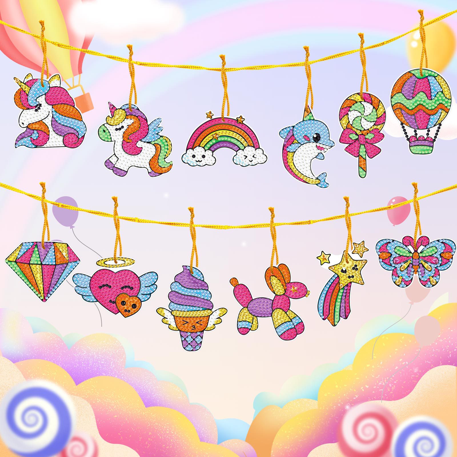 Accesorios para pintura con diamantes, adornos colgantes DIY, Sunshine Rainbow Little White Horse, serie My Little Pony, juego de 12 piezas, adornos colgantes