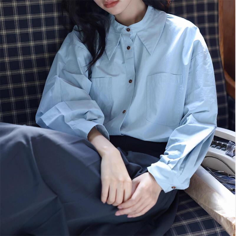 Sky Blue Long Sleeve Shirt Women's Spring New Enzyme Washable Elegant Point Collar Simple H-Shirt Elegant Top