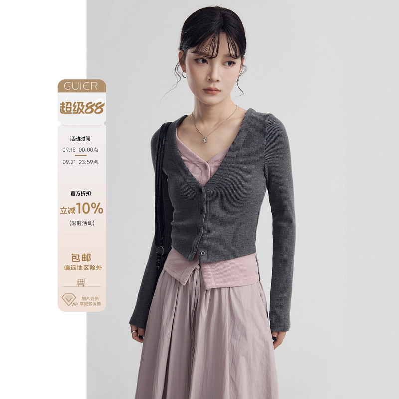 Gui'Er "Comfort Cotton" Bubble Cookie Bars! Fake Two-Piece Knitwear Women's Niche Design Slim Top