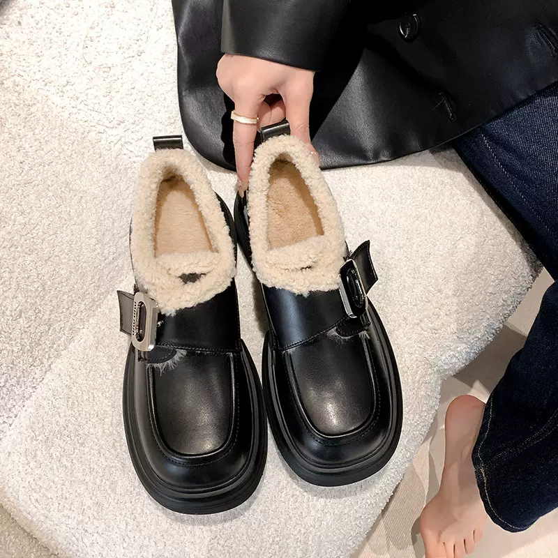 真皮加绒乐福鞋厚底棉鞋秋冬加绒毛毛单鞋复古英伦风一脚蹬小皮鞋