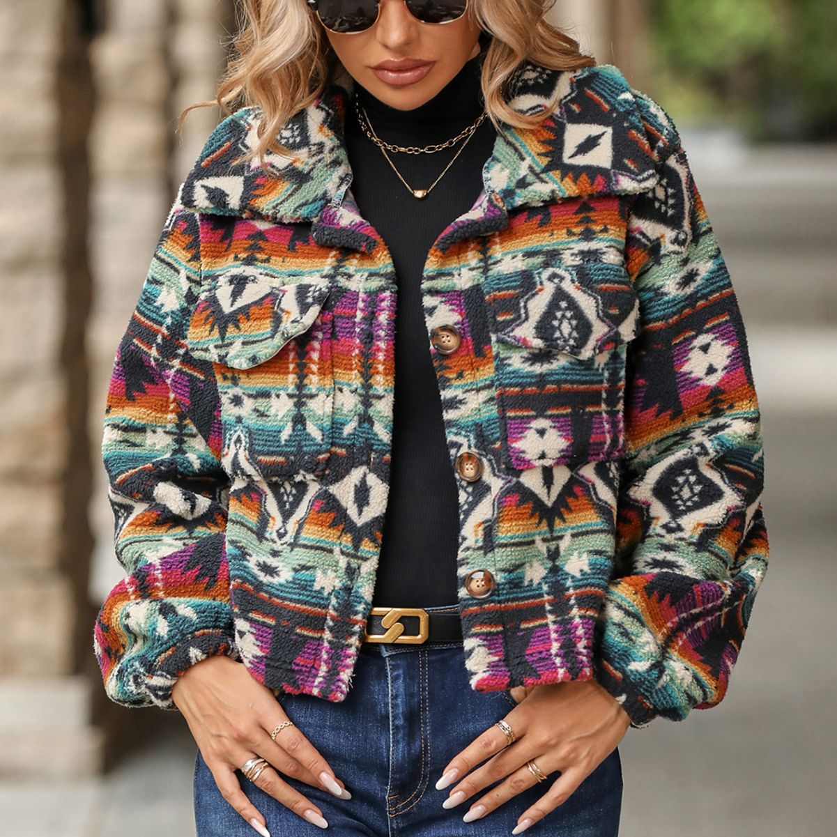 Flash Velvet 2023 Cross-border Autumn and Winter New European and American Women's Clothing Amazon Ethnic Style Printed Loose Long Sleeve Short Jacket for Women