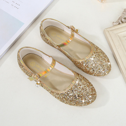 Children's Princess Shoes, Fashion Spring and Autumn Girls' Dance Host Fashion Show Gown Performance Single Shoes with Sequins Flat Shoes