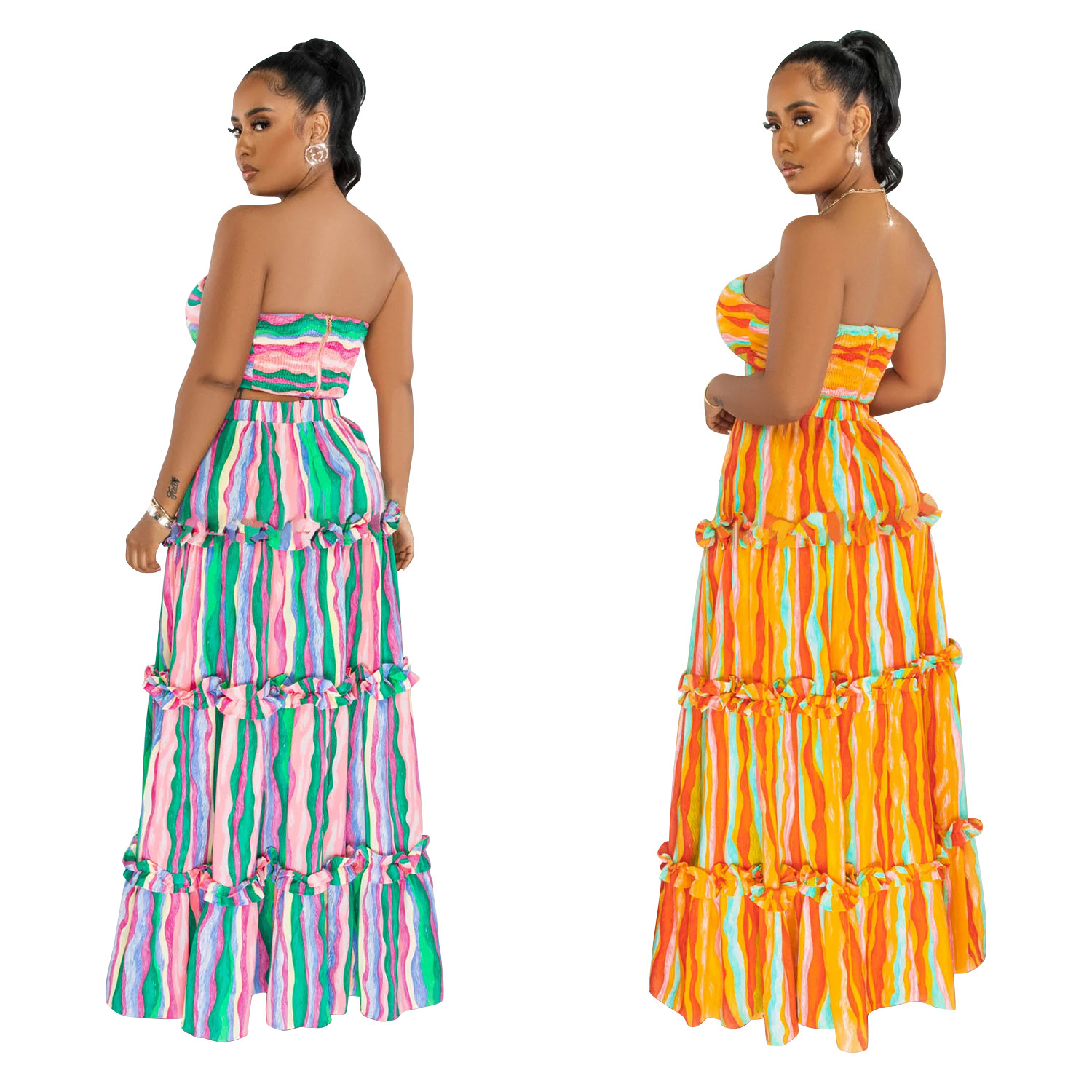 X6646 transfronteriza AliExpress Amazon moda europea y americana de las mujeres sin mangas tubo superior a rayas vestido impreso conjunto de dos piezas
