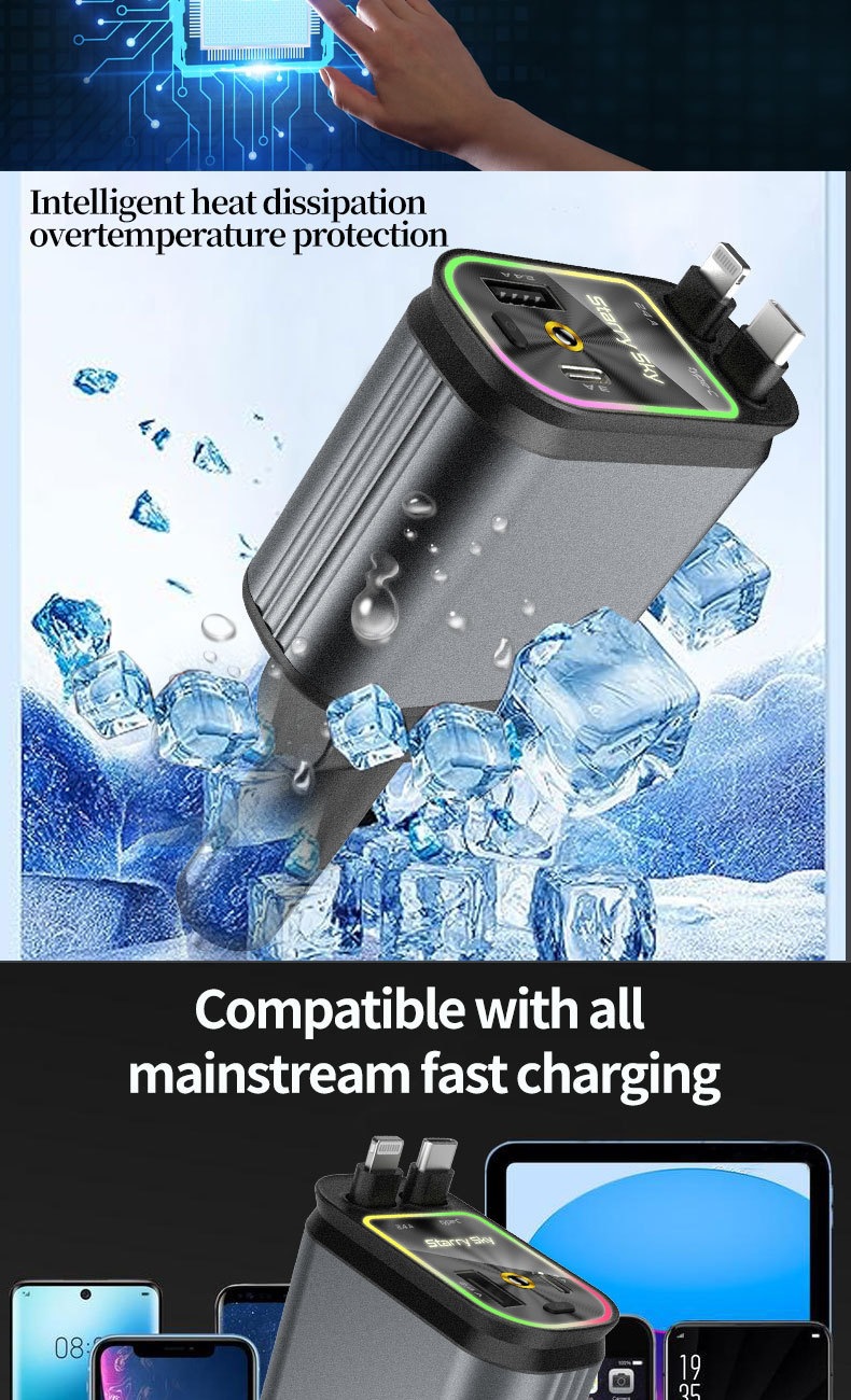 Cross-border exclusive supply of new car phone charger with dual retractable cables and starry sky projection light, four-in-one multifunctional new product