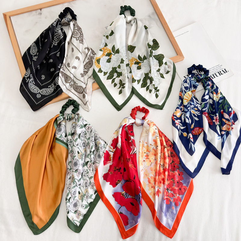 跨境新款丝绸缎面大号方巾二合一飘带马尾发圈欧美女可拆发带头饰