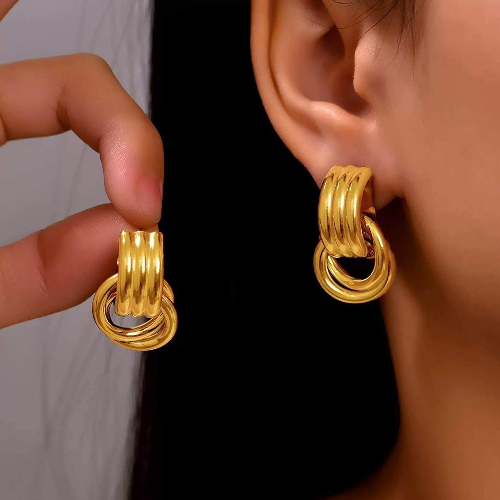 米朵朵 不锈钢双环C形纹路高光耳环PVD电镀18k真金保色小众耳饰女