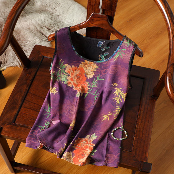 2023 Summer Printed Silk Round Neck Camisole Vest Women's Commuter Inner Xiangyun Yarn Satin Sleeveless Pullover Top