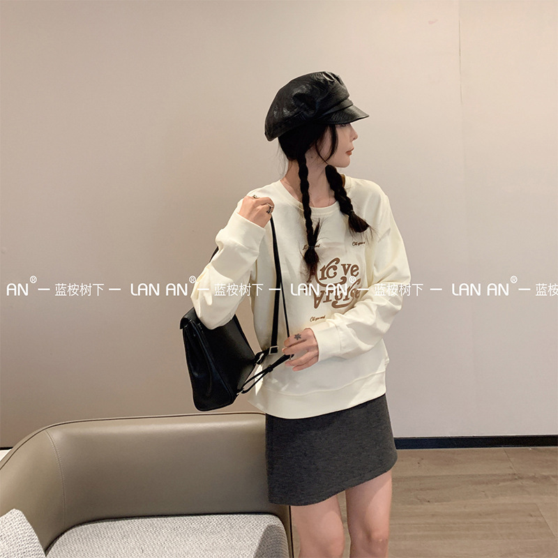 2024 Autumn New Akihito Double-sided Cotton Round Neck Long-sleeved Printed Letter Sweatshirt Loose Casual Top Women's Clothing