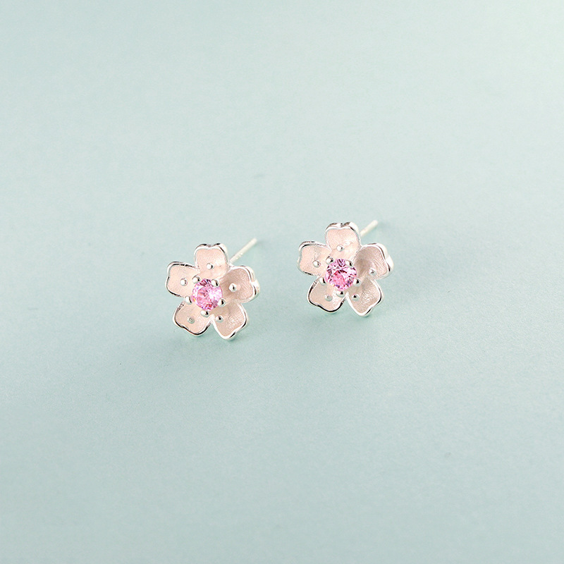 Flower Stud Earrings In Pure Silver With Pink Crystal Stones_voghion.com