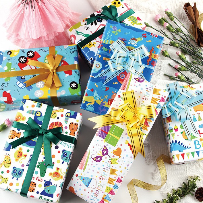 Papel de regalo grueso de 80g, papel de regalo de dibujos animados, lindos juguetes para niños, regalos de cumpleaños, cajas de regalo al por mayor