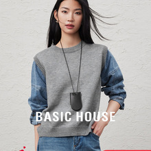 Basic House/百家好牛仔拼接假两件针织衫春季休闲圆领长袖上衣