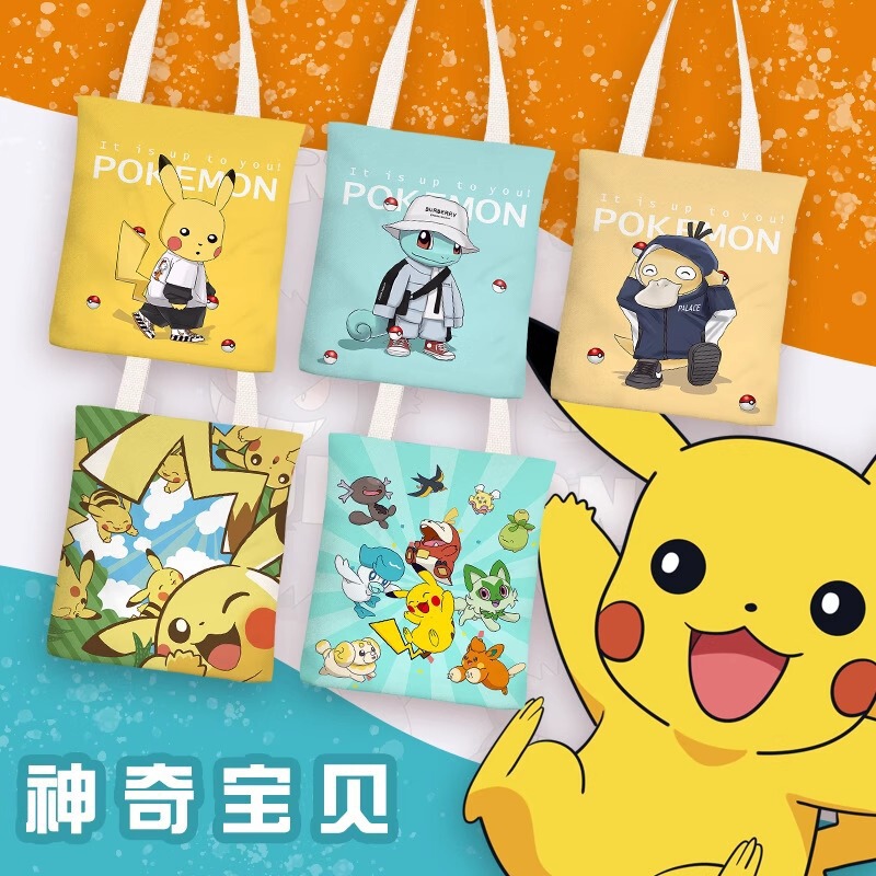 Pokémon Children's Canvas Bag Pikachu Simple Shoulder Bag for Primary and Middle School Students Tutoring Bag Class Tote Bag