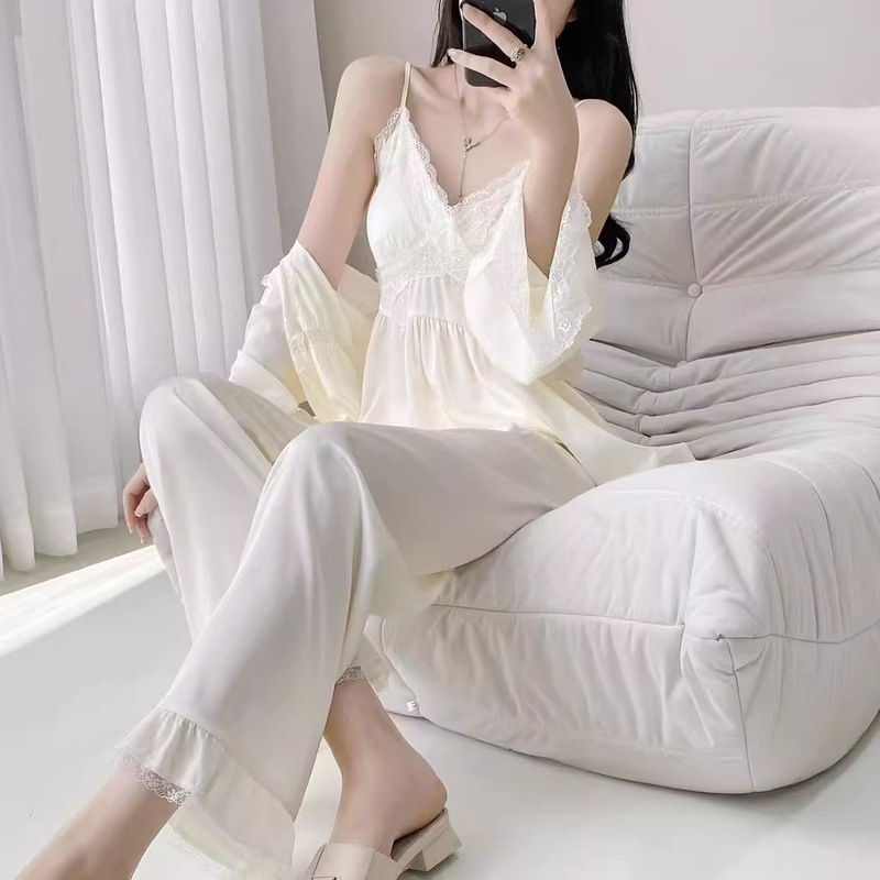 Spring and Autumn French-Style High-End Pajamas Three-Piece Set for Women, Sexy Lace Camisole Robe with Chest Pads, Loungewear