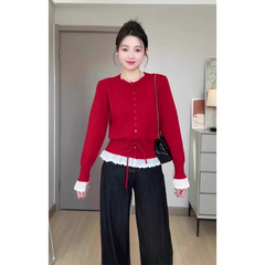红色针织衫毛衣女秋季新款甜美风设计感荷叶边系带长袖打底衫上衣