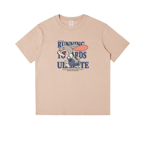 Men's Loose Summer Trend Brand T-Shirt with Rabbit Japanese Style Print, Crew Neck Casual Half-Sleeve Sweatshirt