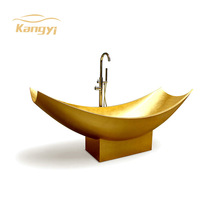 简约风镀金黄铜弧形浴缸成人一体式陶瓷恒温防滑洗澡盆酒店浴池