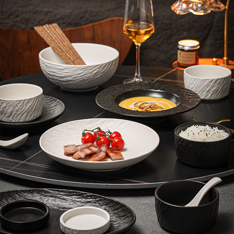 Stone Pattern Black and White Porcelain Dishes and Tableware Household Set High-End Bowls and Plates Porcelain Combination Simple Ceramic Celadon