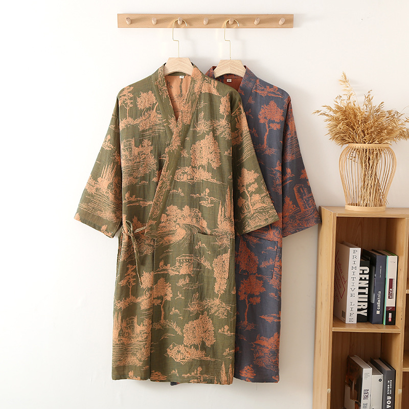 Pajamas Men's Nightgown Pure Cotton Gauze Men's Bathrobe Coat Spring Summer Autumn Kimono Cotton Long Nightgown