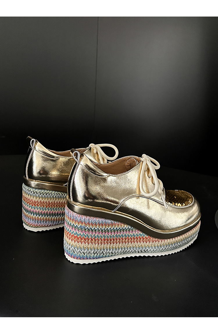 Giày loafer nữ đế xuồng cao gót 9 cm, phối đế cói, dây buộc, phối sequin lấp lánh — màu vàng, xanh lam chi tiết 20