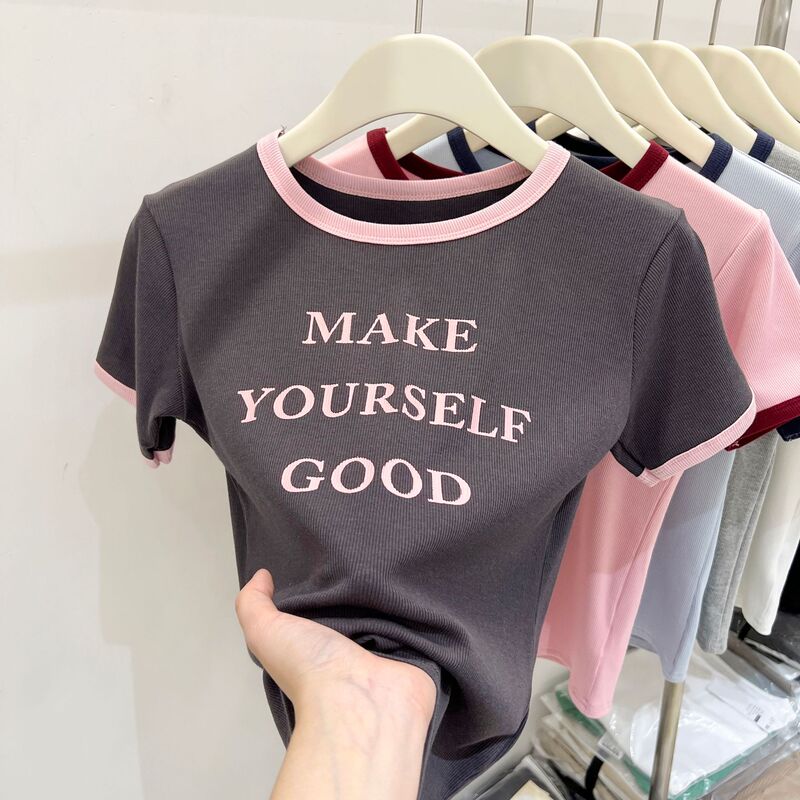 Short-sleeved T-shirt Women's Slim-fit Summer 2023 New Design Sense Niche Letter Printed Short Top Short-sleeved T-shirt Women's Slim-fit Summer 2023 New Design Sense Niche Letter Printed Short Top