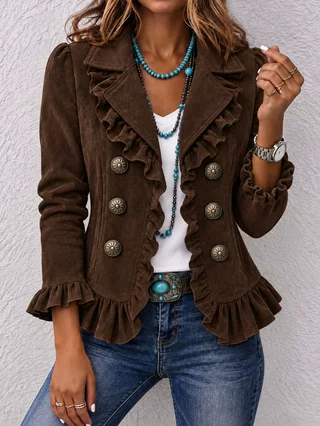Annuo's Self-Developed Cross-Border Women's Retro Suede Jacket with Ruffled Edges, Turn-Down Collar, Single-Breasted, and Ruffle Trim