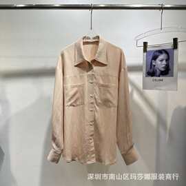 南油天丝混纺竹节纹理舒适感廓形双口袋衬衫上衣宽松廓形落肩女