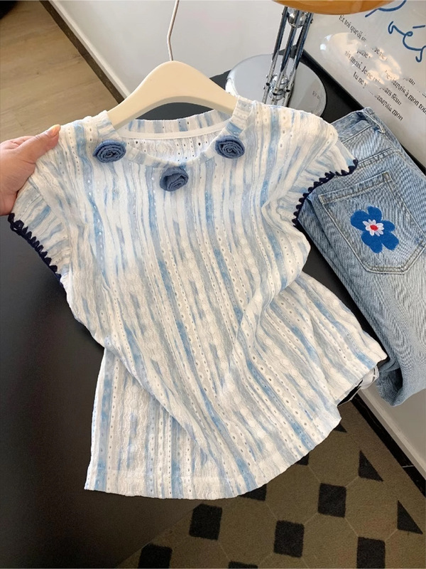 今年人気のブルーの綿とリネンのストライプ半袖Tシャツ夏の新しい韓国風甘い立体花シックなシャツ|undefined
