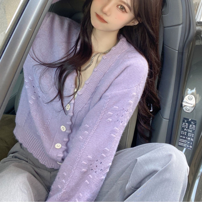 Taro purple V-neck knitted cardigan women's top 2026 spring Korean version gentle style retro crochet sweater coat