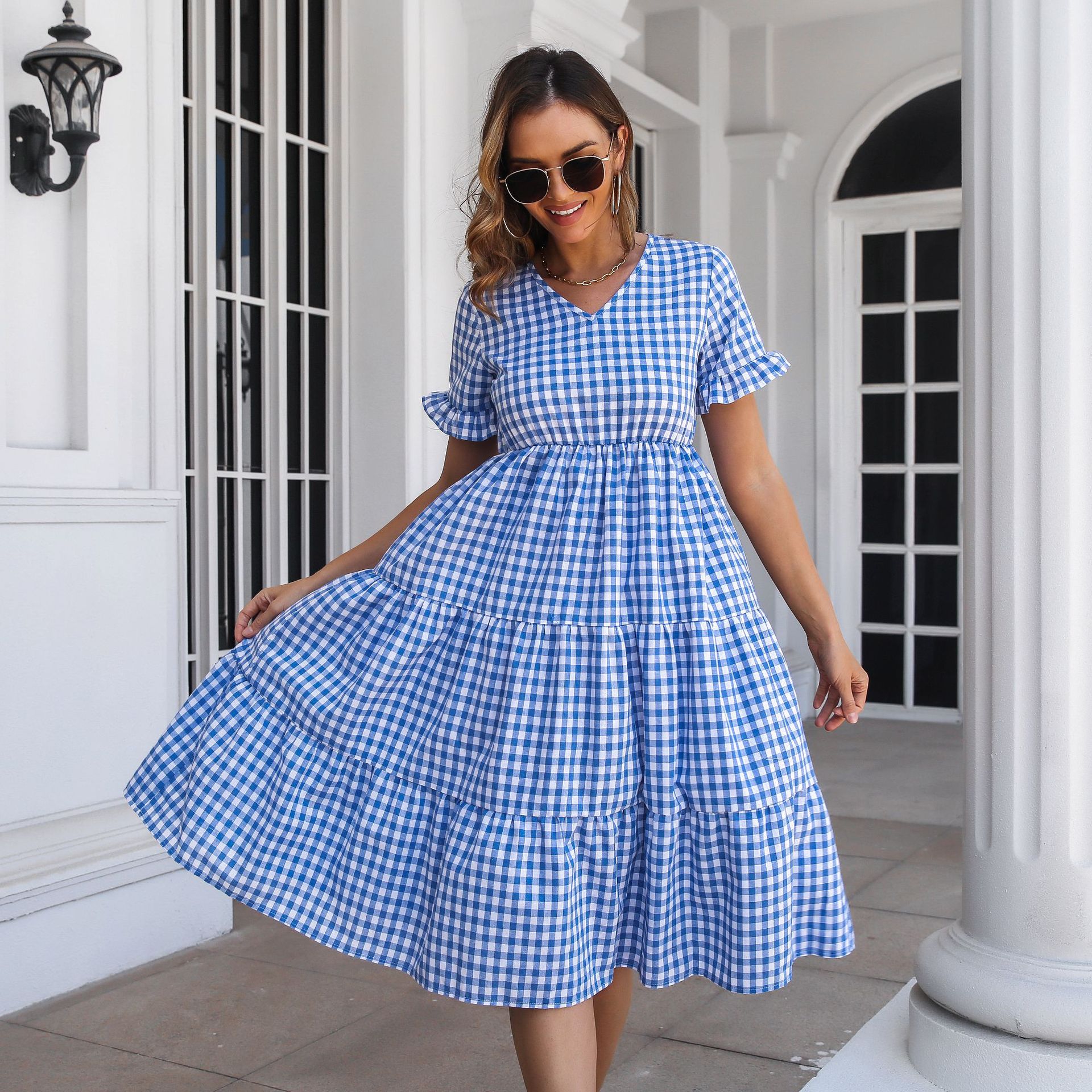 High Waist Waist Line Daily Occasion Wholesale Women'S Casual Plaid Daily V Neck Short Sleeve Swing Dress