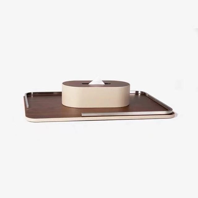 Modern New Chinese Style Classy Wooden Leather Long Tray Storage Creative Ornaments Desktop Coffee Table Decoration Model Room