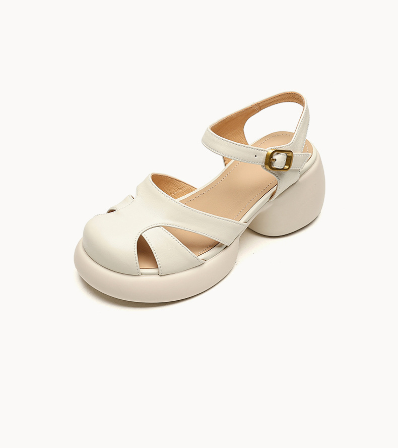 Sandal gót thô da cừu bít mũi phong cách La Mã đế dày quai ngang hở gót — Màu vàng ngỗng chi tiết 25