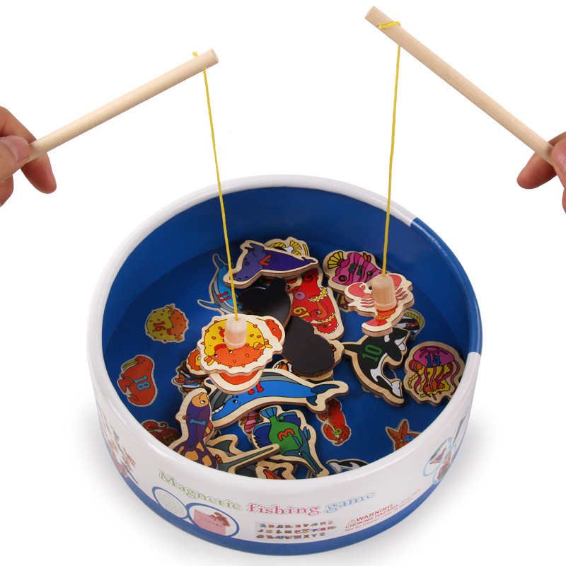 Bebé niños y niñas niños pequeños traje de pesca magnética agua jugando rompecabezas de madera pesca bloques de construcción juguete imán gancho de pescado