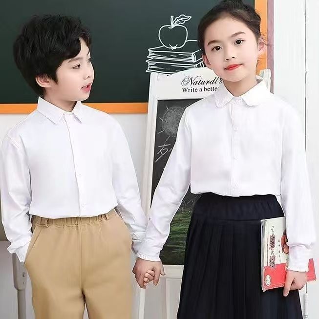 子供白シャツ、園服、女子長袖純綿白シャツ、春秋小中学校制服、パフォーマンスユニフォーム