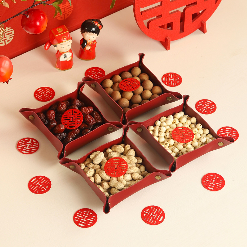 Wedding red dried fruit tray, solid wood living room engagement display fruit box, candy, "early birth of precious children" auspicious ornament
