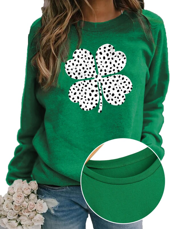 [Casual Style] Women's St. Patrick's Day Crewneck Sweatshirt - Green Casual Long Sleeve, Clover Print
