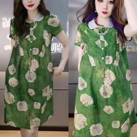 中年妈妈气质裙子2022夏新款冰丝时尚韩版宽松遮肚显瘦印花连衣裙