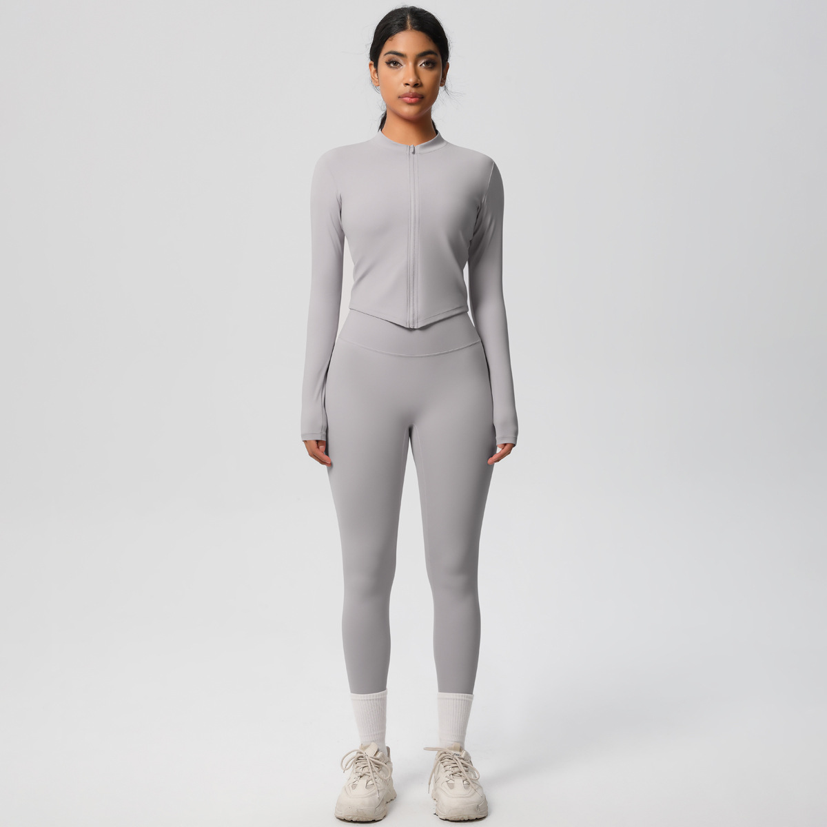 国境を越えた欧米の新型毛磨き裸感修身運動ファスナー長袖高腰ズボンセットフィットネスヨガセット