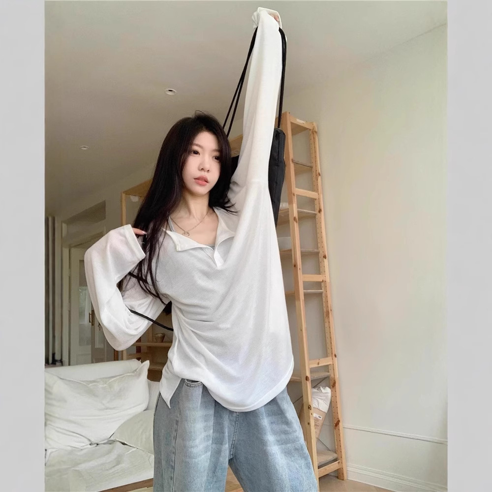 게으른 스타일 회색 버튼 긴팔 얇은 티셔츠 여성의 새로운 여름 느슨한 선 스크린 블라우스 춤 내부 탑