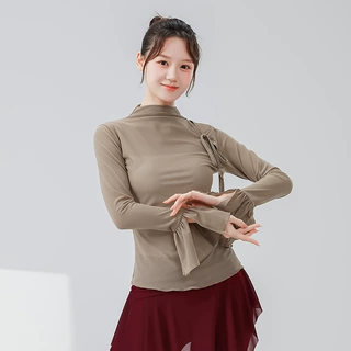 古典舞半高领上衣练功服女系带钉花长袖形体服中国舞蹈服蝴蝶纱衣