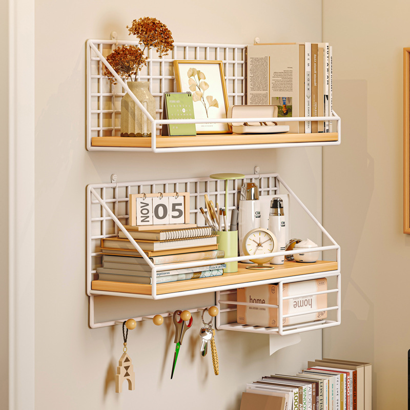 Estante de pared de madera maciza, dormitorio libre de perforación, dormitorio de estudiantes, artefacto, estante de tablero de una palabra, estante de almacenamiento de pared de madera