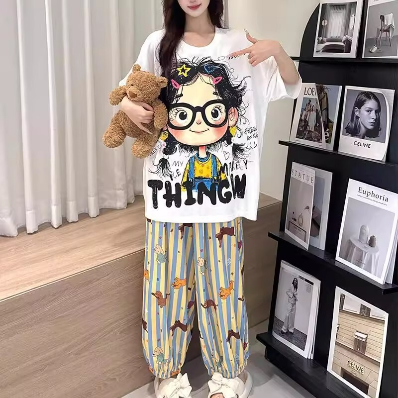 女性のための胸パッド付き人気パジャマ 2025 半袖ズボン夏のホーム服かわいいスタイル快適なカジュアルスーツアウターウェア|undefined
