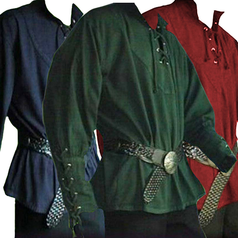 Men's medieval strappy long sleeved shirt with tied sleeves and ropes, solid color loose top_voghion.com