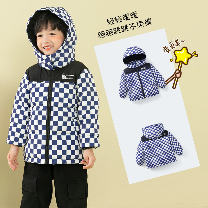 Nueva Colección Otoño/Invierno 2025, Ropa para Niños y Niñas, Chaqueta Acolchada con Capucha, Estampado de Bloques de Color y Cuadros