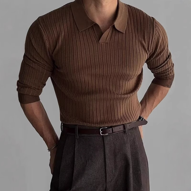 Light Mature Style Autumn New South Korea Men's Solid Color Thread Elastic Lasel Pullover Slim-Fit Knitted T-Shirt for Men